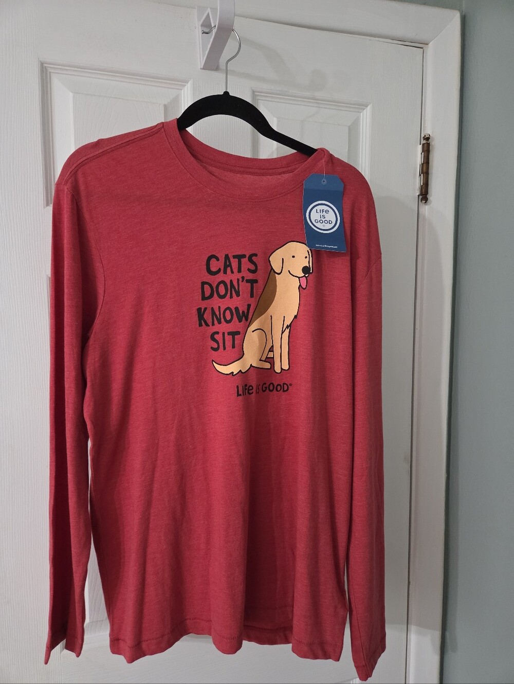 Life Is Good Red Long-Sleeve Pet Tee with Playful Dog Graphic.  L.  NWT